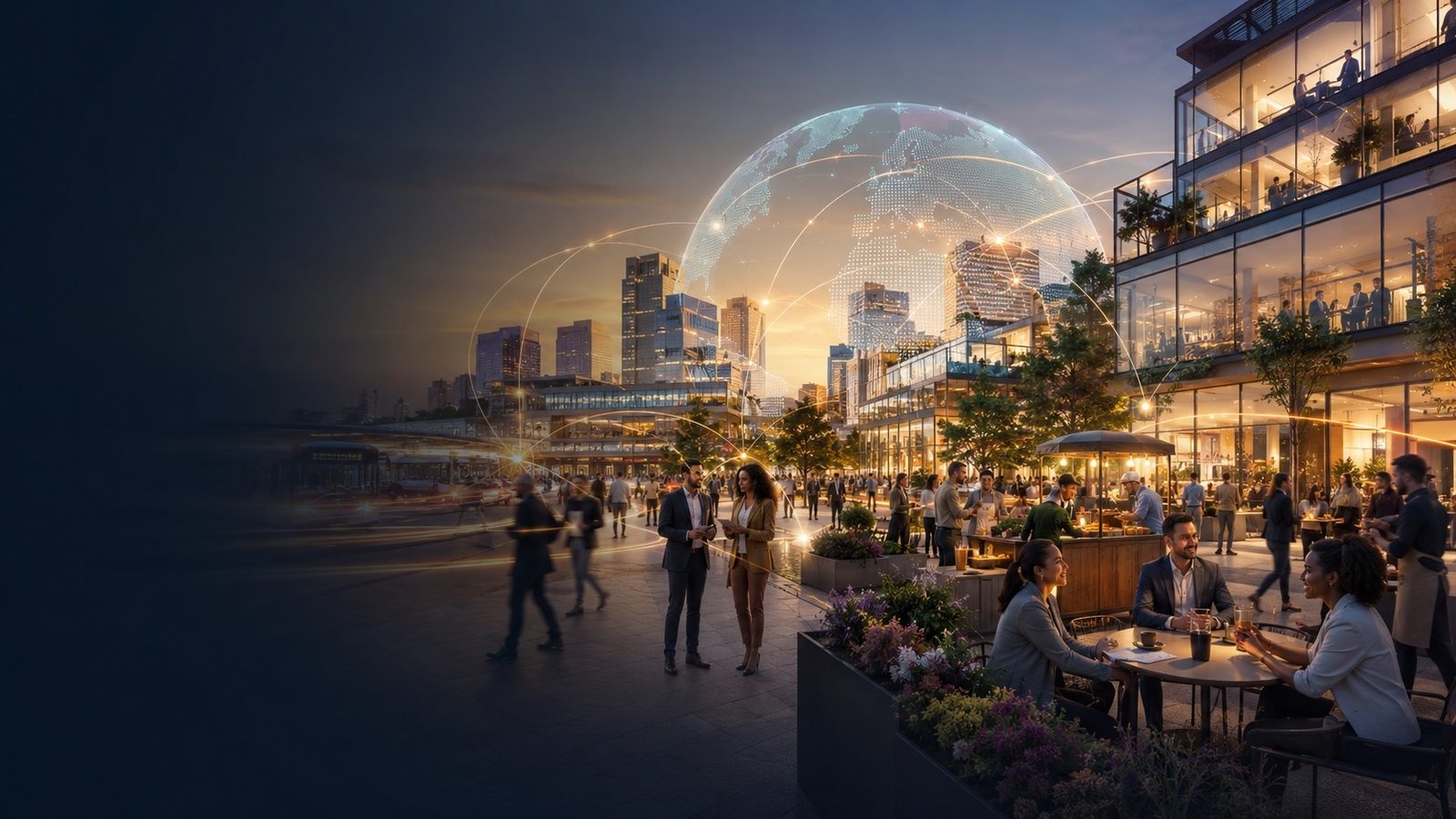 Dusk cityscape plaza beneath a glowing connected globe