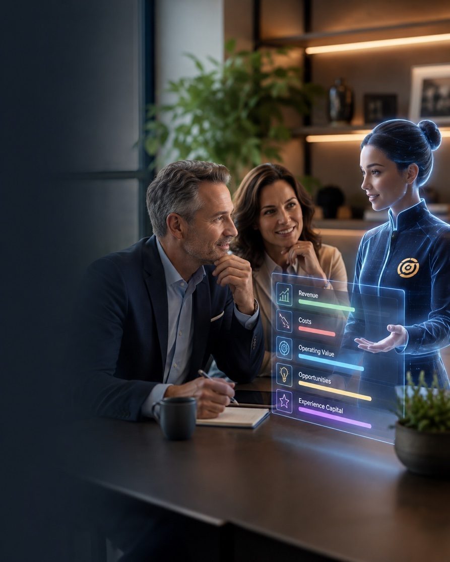 Gia hologram presenting a value dashboard to two business owners