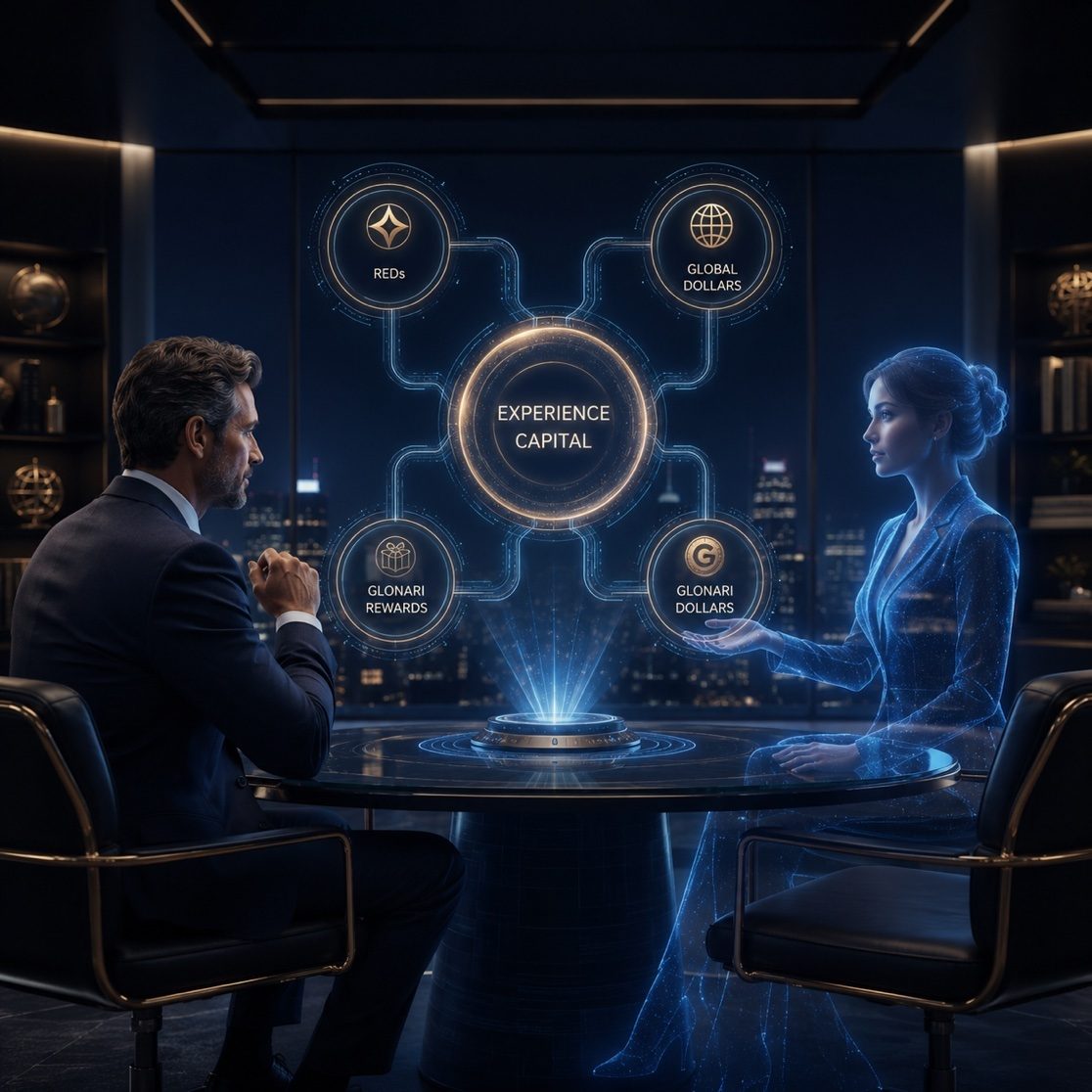 Executive with holographic Gia reviewing the four coordinated value types around an Experience Capital core