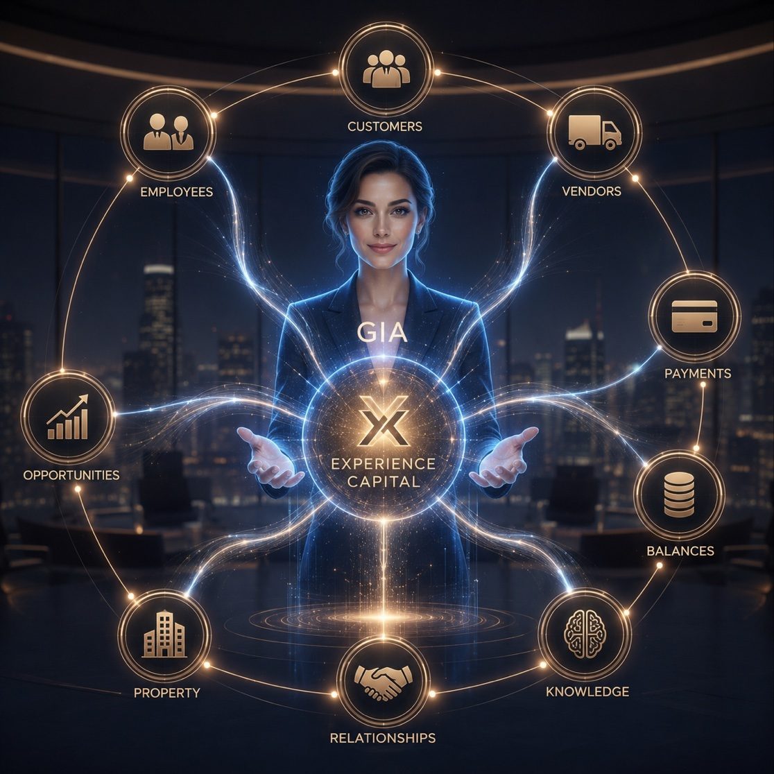 Gia at the center of a gold ring connecting customers, employees, vendors, payments, balances, knowledge, relationships, property, and opportunities