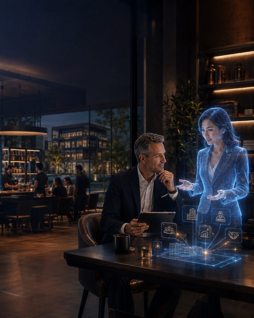 Businessman with Gia projecting a holographic commercial-building model in an upscale restaurant