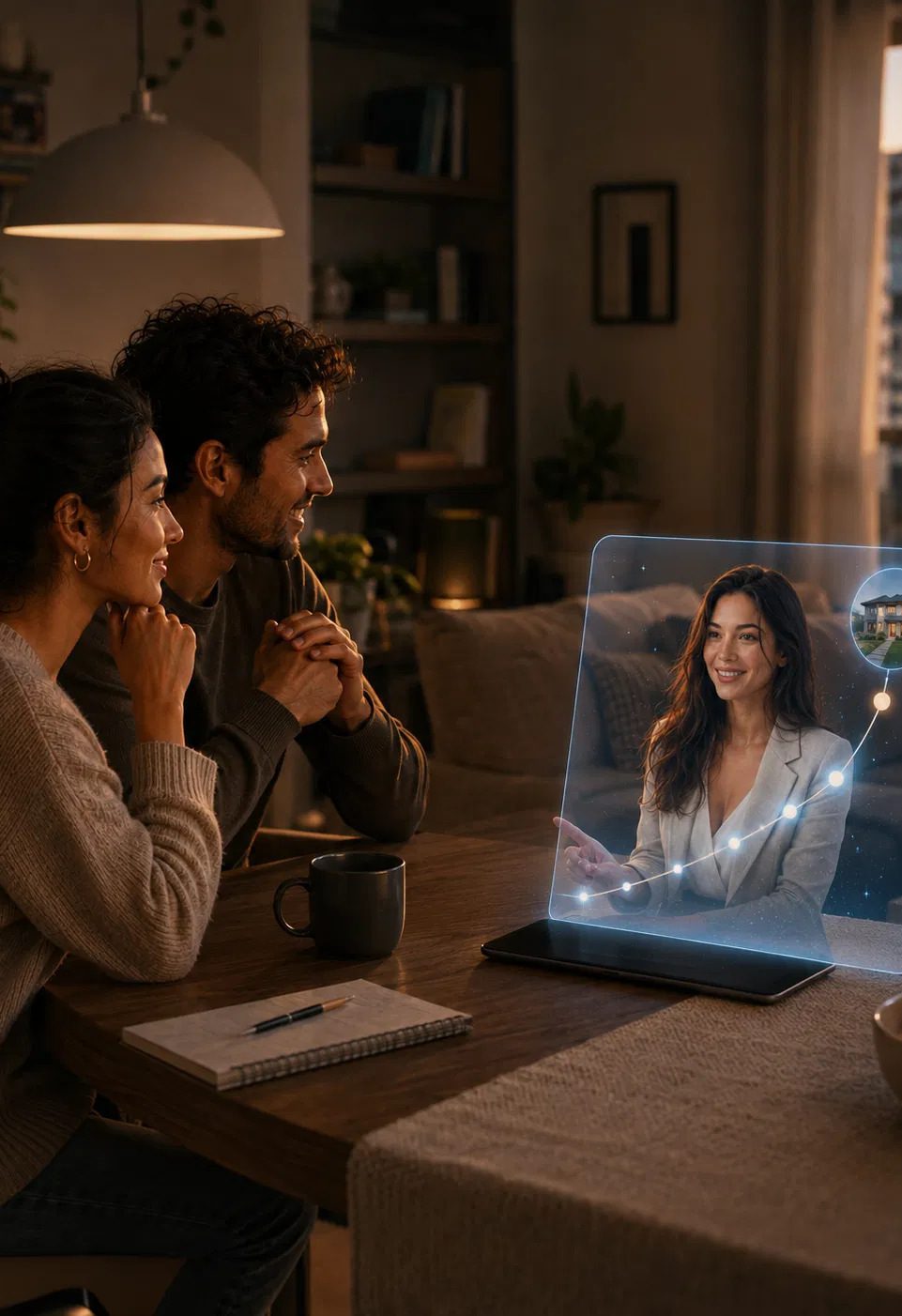 A couple in a warm living room watching Gia trace a glowing milestone curve toward a home