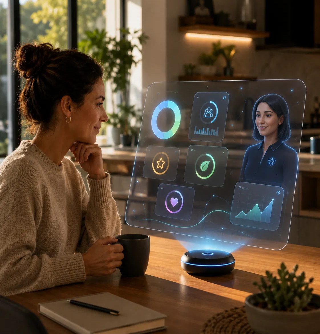 A woman with coffee at a wooden table, reviewing a floating holographic dashboard of insights with Gia