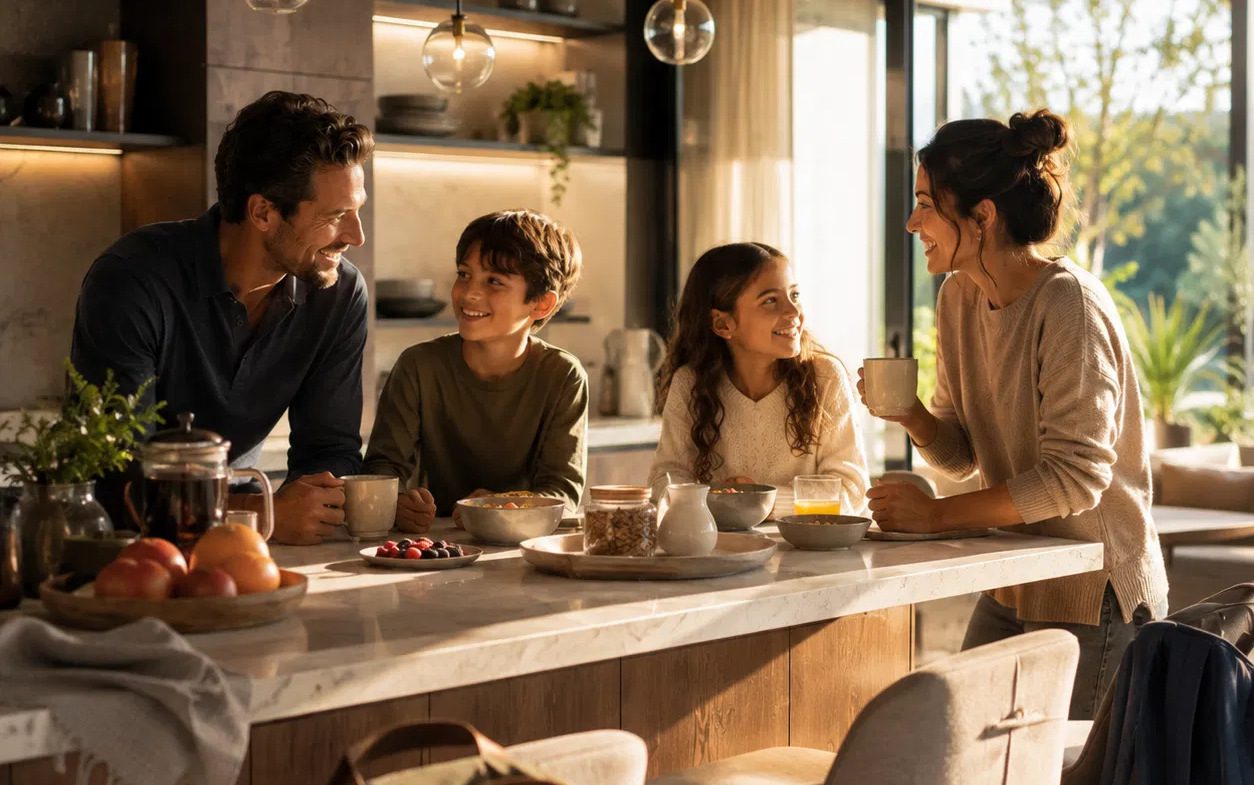 A family of four laughing over breakfast at a marble kitchen island in warm morning light