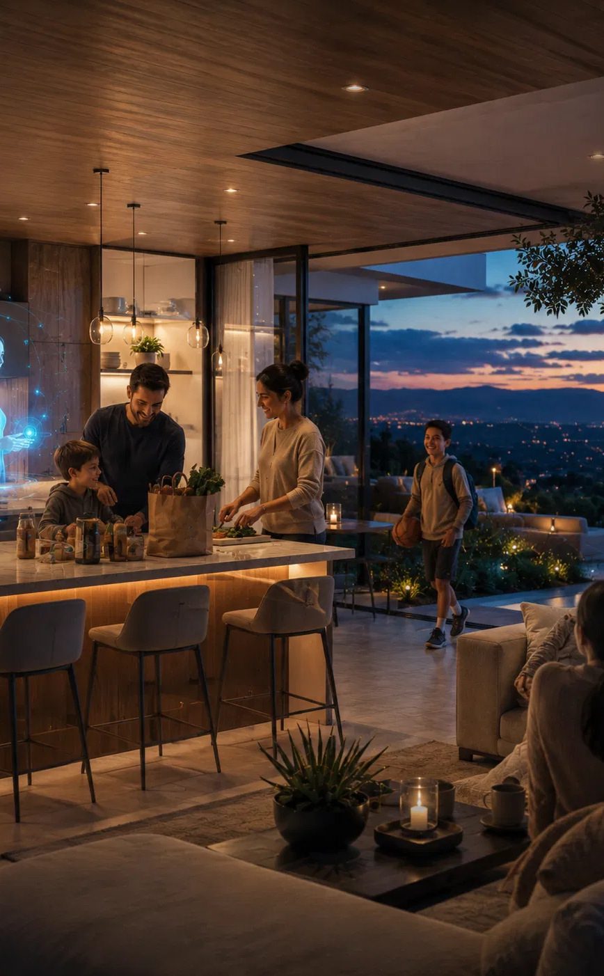 A family unpacking groceries in an open kitchen at dusk, a valley of city lights beyond the glass