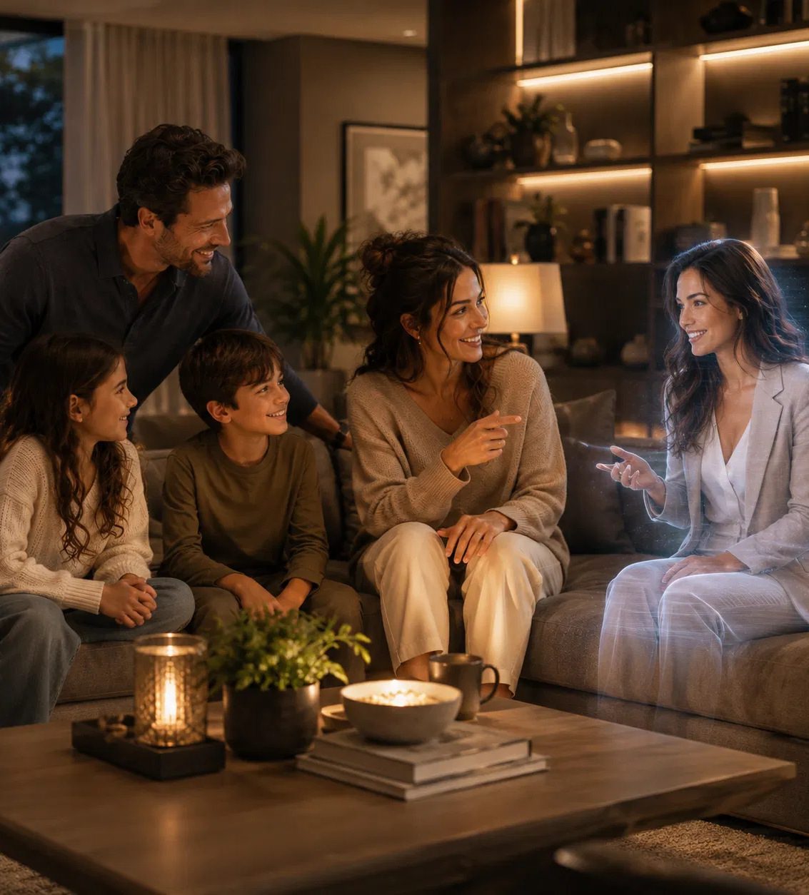A family of five gathered on a sofa in warm lamplight, in conversation with a life-size translucent Gia hologram