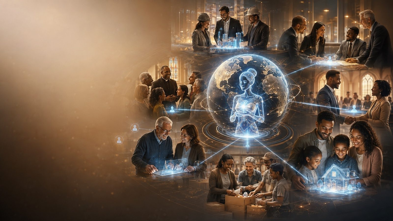 A warm sepia collage — a congregation, business meetings, volunteers packing boxes, and a family viewing a holographic house around a glowing globe.