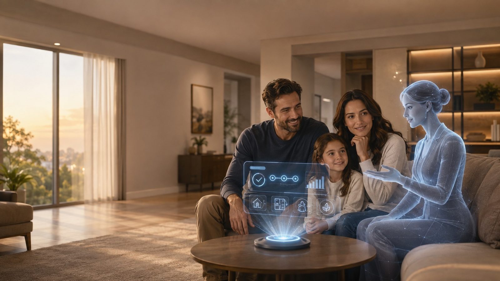 A family of three on a sofa at golden hour as a holographic Gia figure presents a floating progress dashboard from a tablet