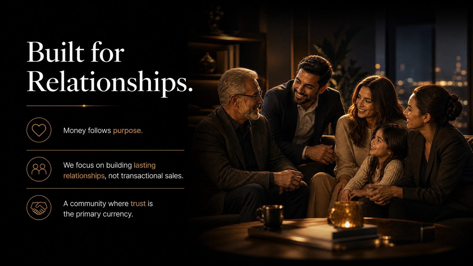 A multigenerational family and an advisor laughing around a candlelit coffee table
