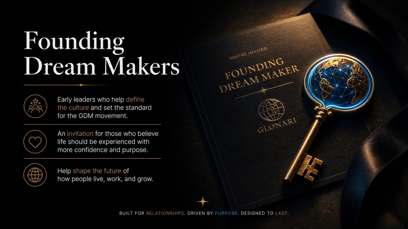 A black Founding Dream Maker invitation card with an embossed gold Glonari mark and an ornate globe-headed key on ribbon