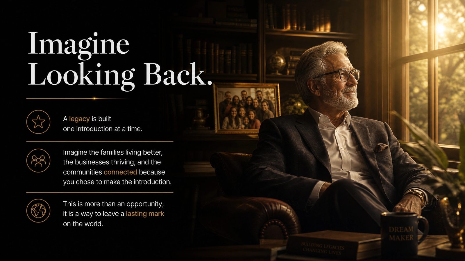 A silver-haired man in glasses seated in a leather chair in a book-lined study, gazing out the window at golden hour