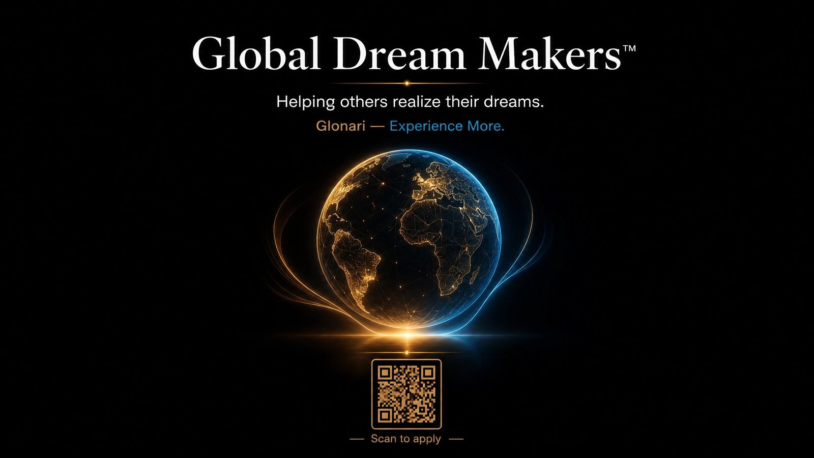 A glowing gold-and-blue wireframe globe on black
