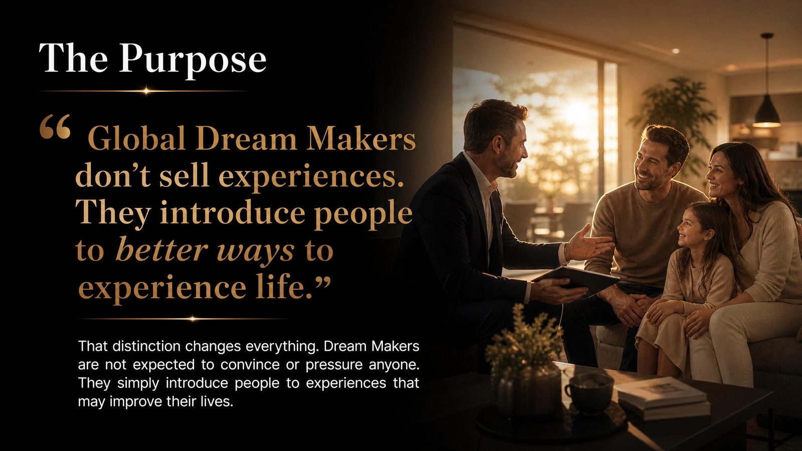 An advisor with a tablet meeting a smiling young family on a sunlit couch
