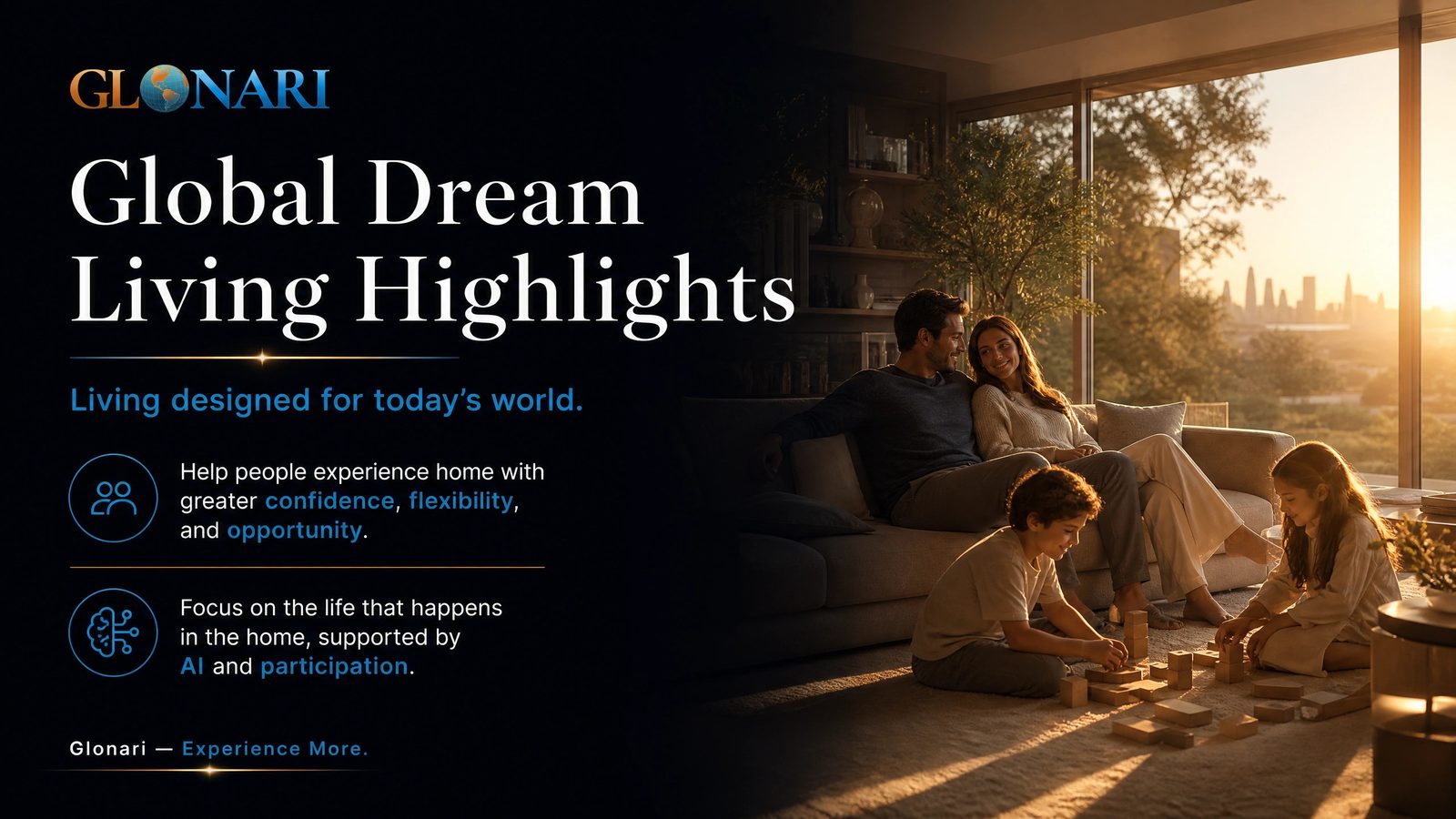 A family in a warm modern living room at sunset, parents on the sofa and children playing with blocks