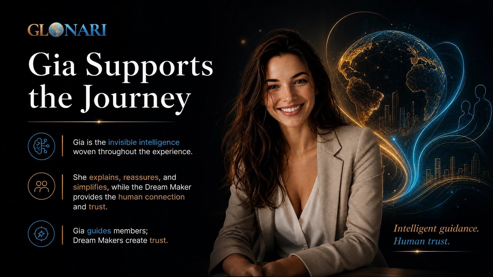 A smiling dark-haired woman beside a luminous wireframe globe