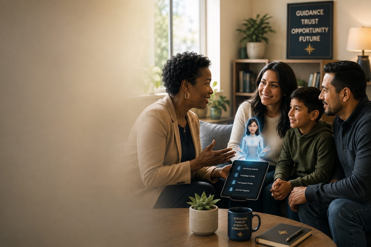 A community mentor showing a family a tablet with a small Gia avatar; wall art reads Guidance, Trust, Opportunity, Future.