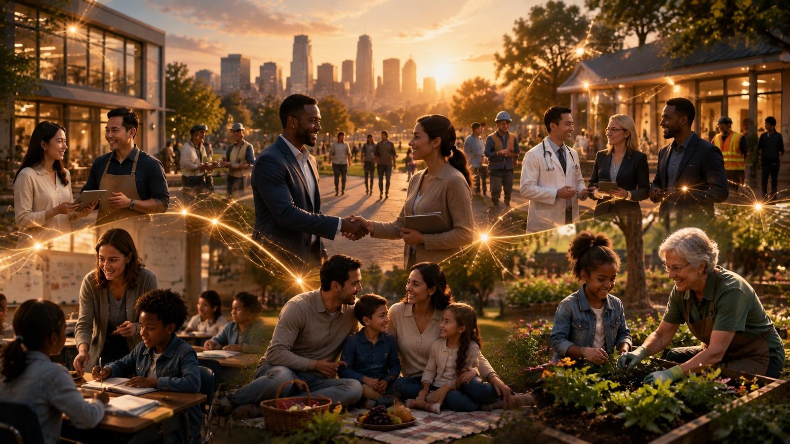 A montage of community life — classroom mentoring, a family picnic, intergenerational gardening, business handshakes — woven together by luminous network threads under a sunset skyline.