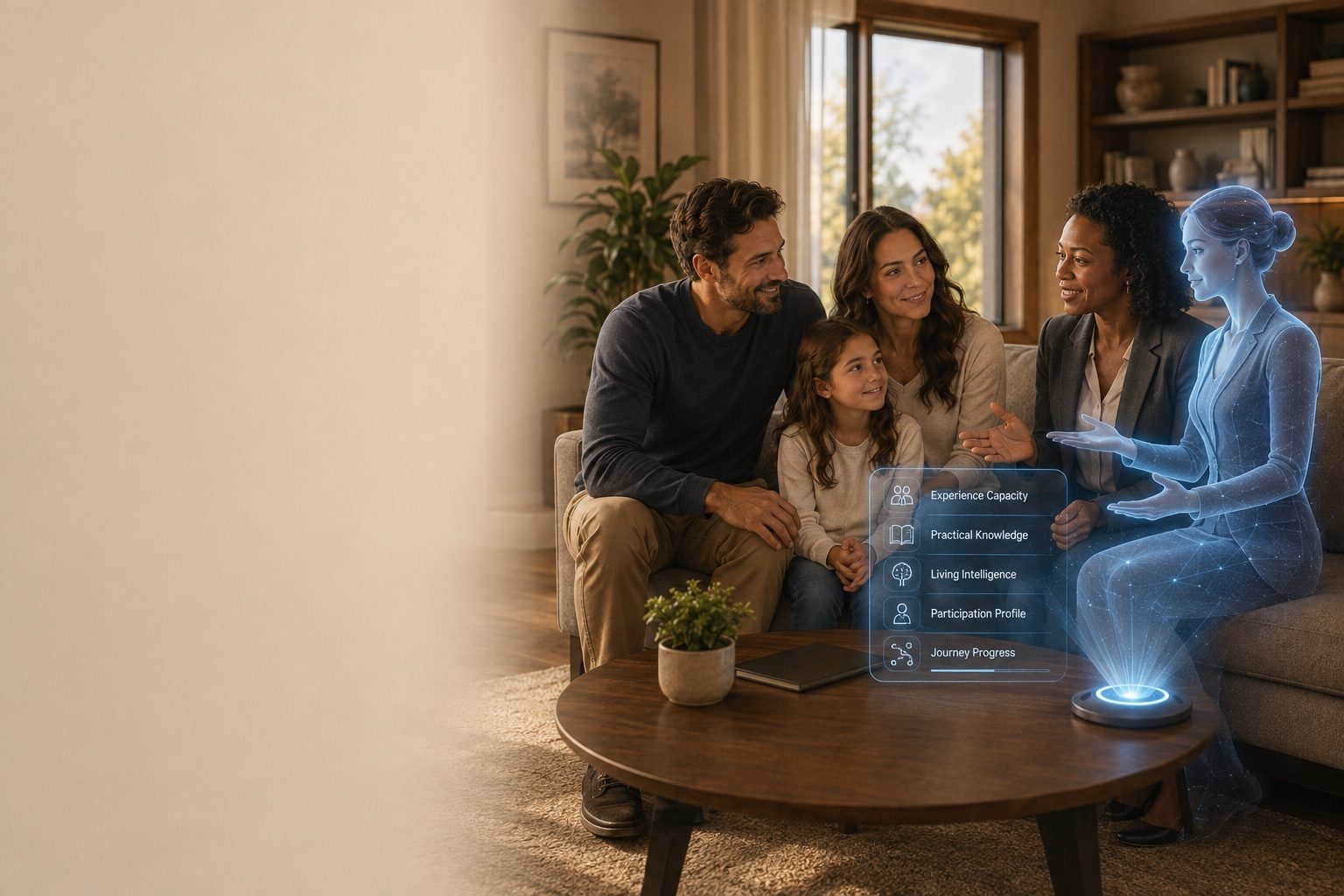 A family on a living-room sofa with an advisor, as a holographic Gia projects a Journey panel beside them.