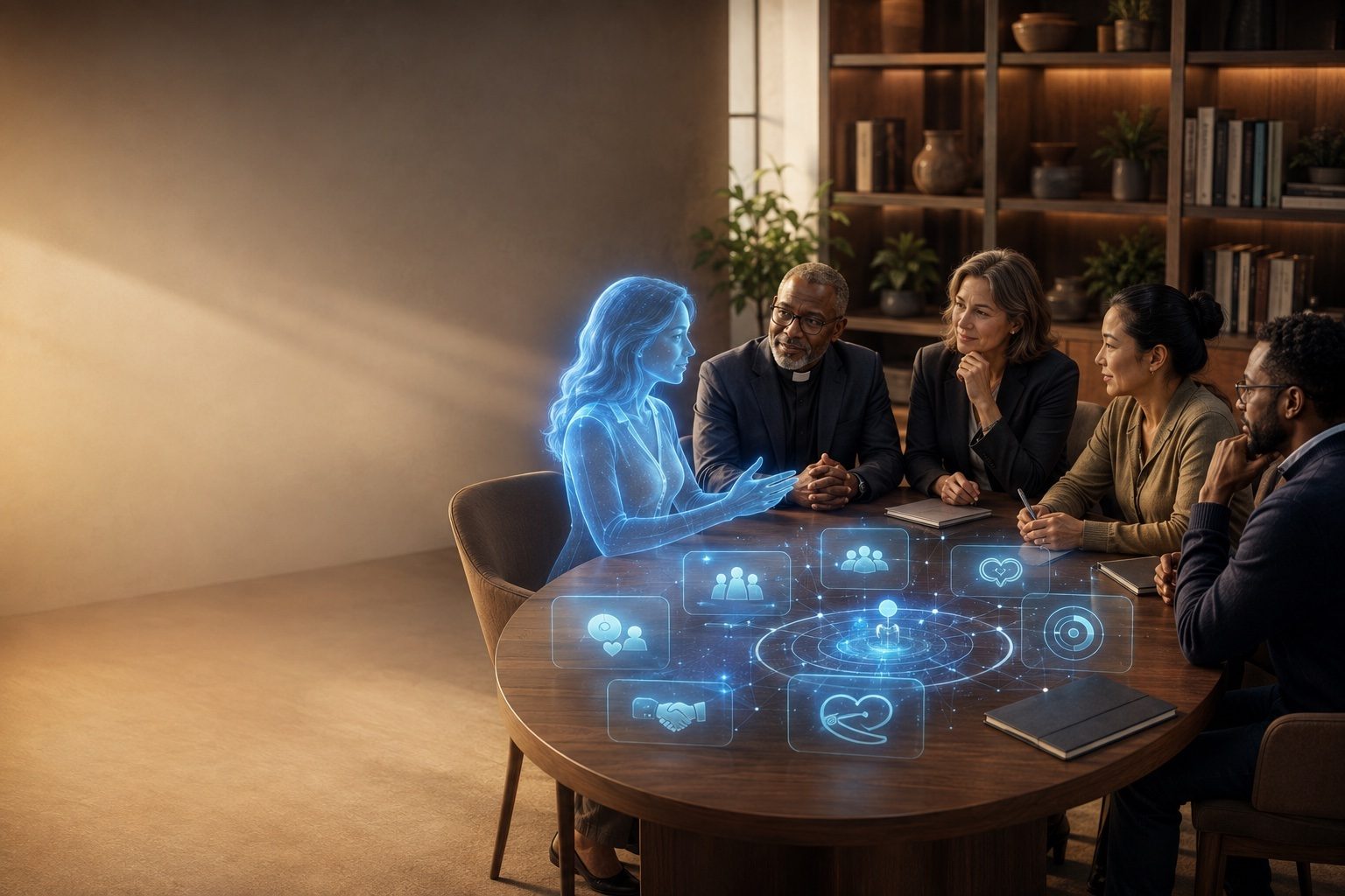 A holographic Gia leading a roundtable with a priest and foundation and nonprofit leaders, partnership icons glowing above the table