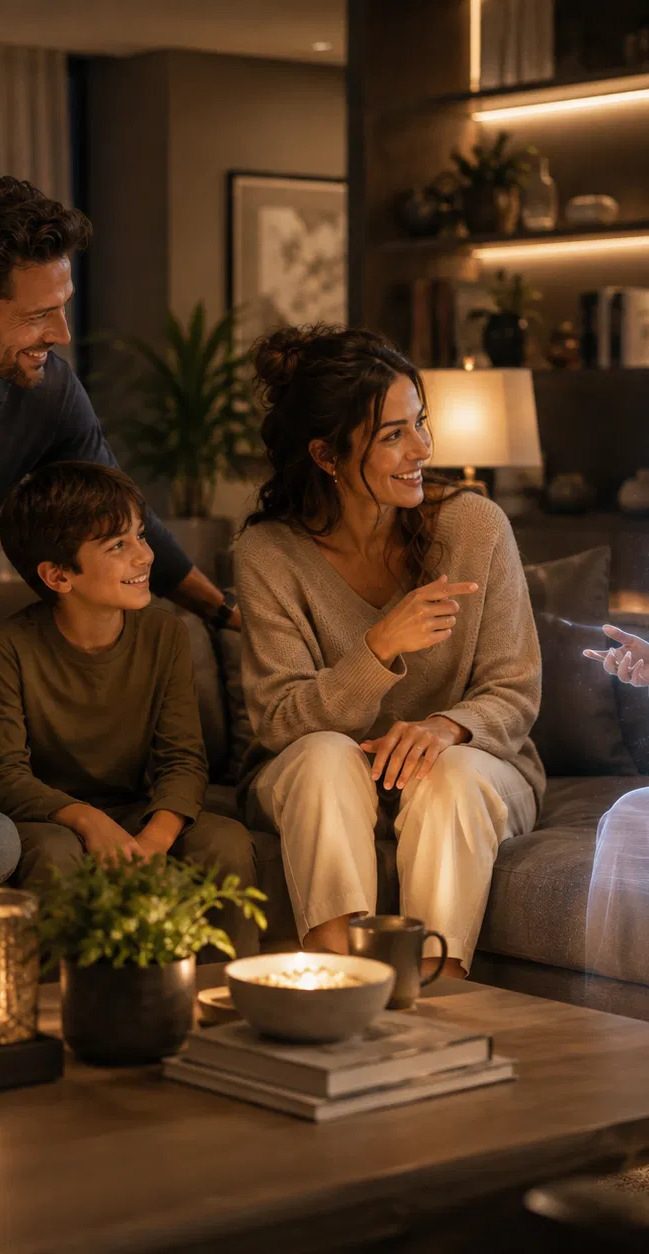Family together on a sofa in a warm evening living room, the mother gesturing toward a faint holographic figure