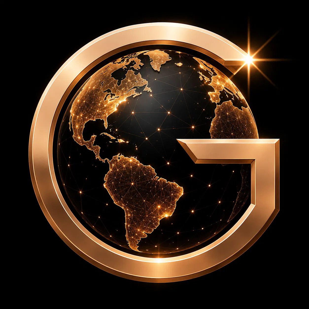 Glonari monogram — a rose-gold letter G wrapped around a glowing wireframe globe