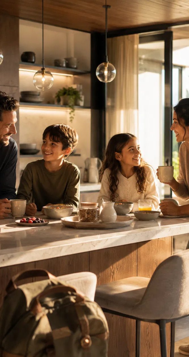 Family of four having breakfast at a marble kitchen island in golden morning light