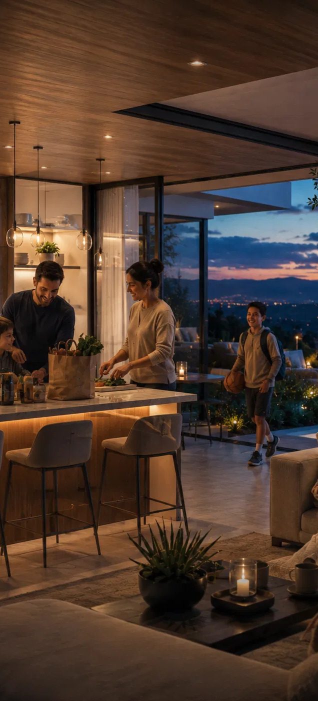 Family in a modern open-plan home at dusk — parents at the kitchen island, a boy arriving with a basketball, city lights beyond floor-to-ceiling glass