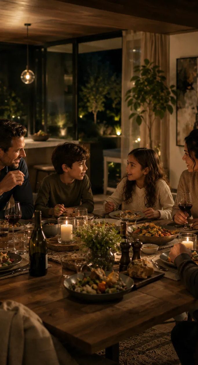 Multigenerational family dinner by candlelight at a long wooden table in a modern home