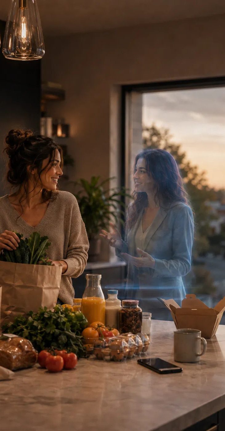 Woman unpacking groceries in her kitchen at sunset while talking with Gia™, a translucent holographic guide