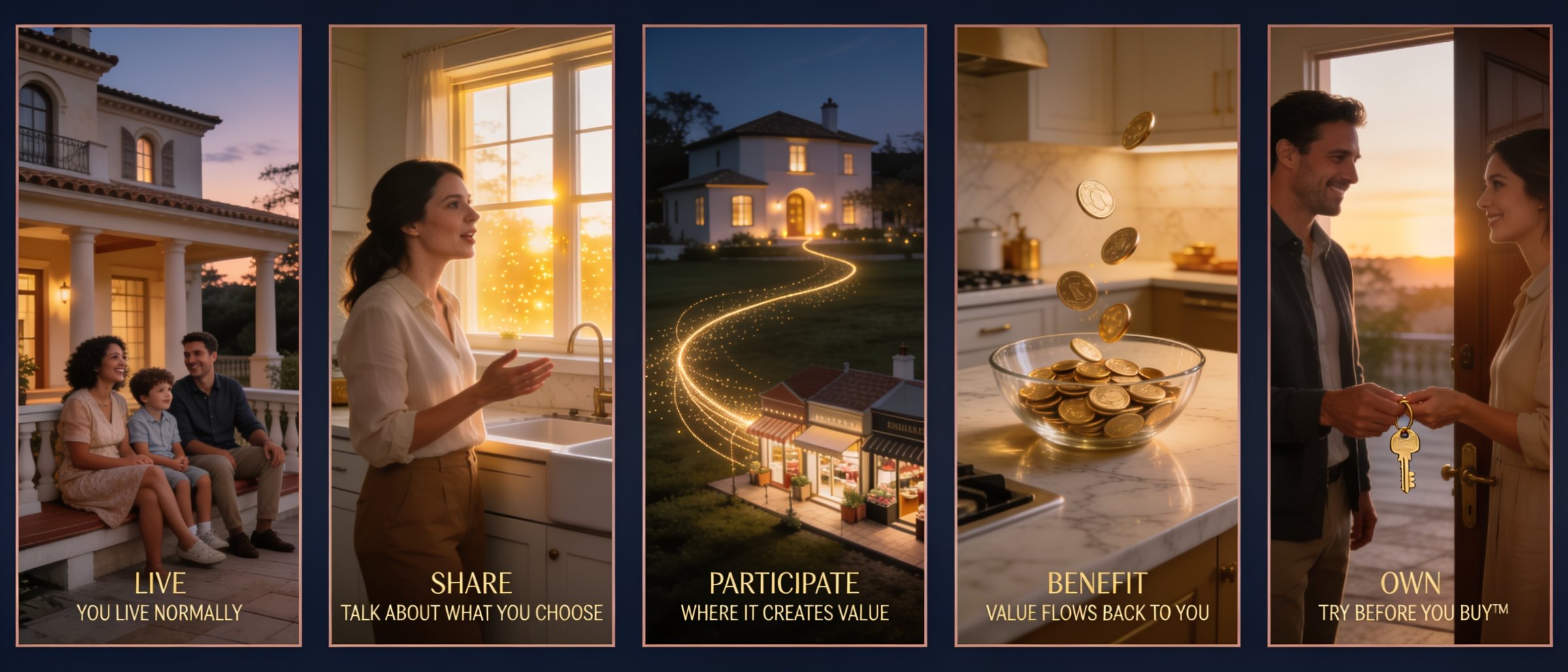 Five panels: live normally, share what you choose, participate where it creates value, benefit as value flows back, and own through Try Before You Buy