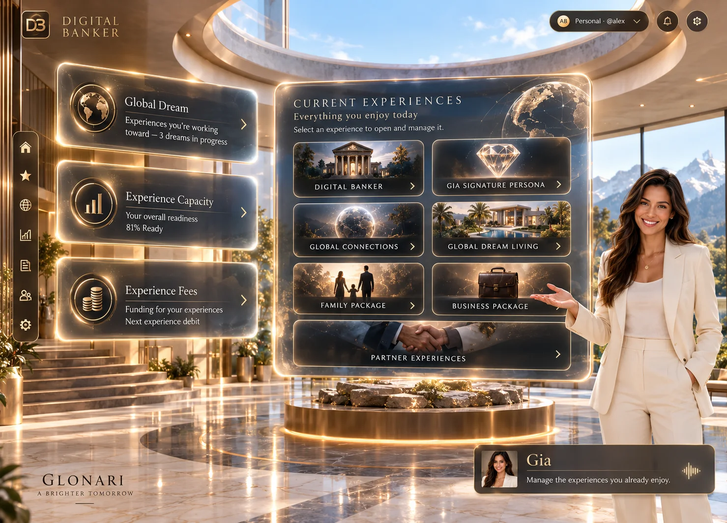 Preview of the Current Experiences screen inside Digital Banker: a golden atrium with glowing panels — Digital Banker, Gia Signature Persona, Global Connections, Global Dream Living, Family Package, Business Package, and Partner Experiences — beside Global Dream progress, Experience Capacity, and Experience Fees, with Gia presenting